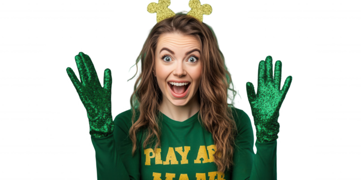 Cheerful Lady Wearing Shamrock Headband, St. Patrick’s Day, Transparent Background - Powered by Adobe