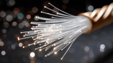 Close-up of glowing fiber optic cables symbolizing global internet and communication, strands emitting vibrant light points, representing fast data transfer and worldwide connectivity.