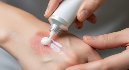 Applying healing cream to irritated skin on hand.
