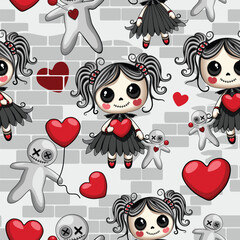 Gothic Voodoo Doll in Love Cartoon Character Halloween and Valentine's Day Vector Repeat Seamless Pattern Design Motive 
