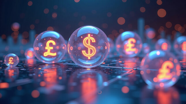 Glowing currency symbols floating within transparent spheres, highlighting financial markets and digital concepts.