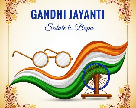 Gandhi Jayanti &ndash; Iconic Glasses and Charkha with Indian Flag Waves, Bold Festive Text