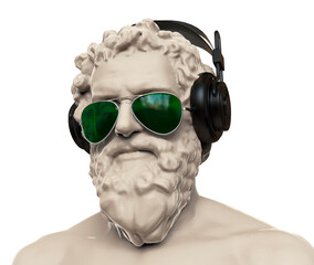 Statue of Socrates, bust of Socrates with sunglasses and wireless headphones. 3D rendering.