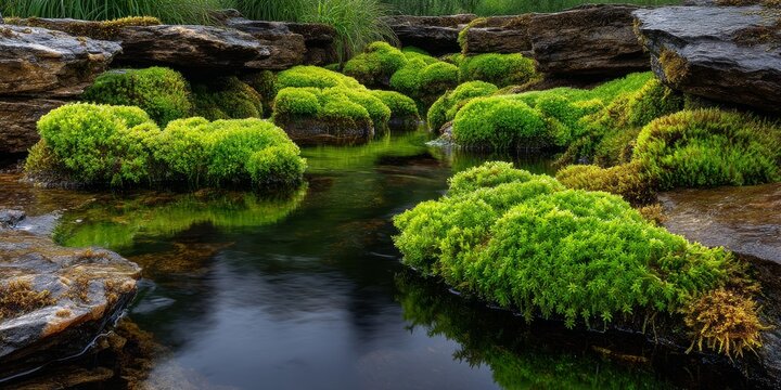 Lush Green Sponge-Like Moss Patches on Rocky Terrain Underneath a Clear Water Pool - Powered by Adobe