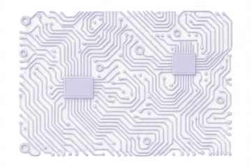 Close-up of a light purple printed circuit board featuring microchips, components, and pathways, isolated on a transparent background