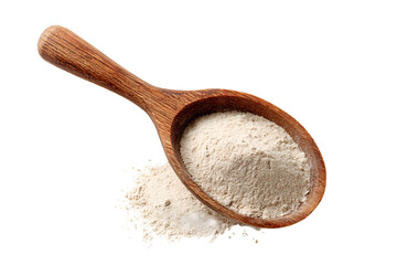 Wooden spoon filled with light beige powder on black background