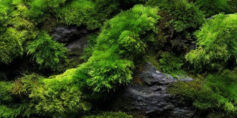 Fototapeta premium Vibrant Green Moss Texture Covering Rocky Surface Natural Background
