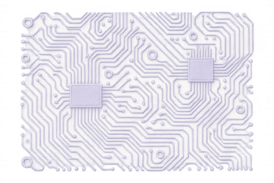 Close-up of a light purple printed circuit board featuring microchips, components, and pathways, isolated on a transparent background
