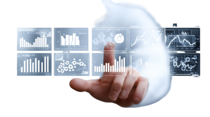 Hand Interacting with Digital Data Visualizations Charts Graphs Business Analytics