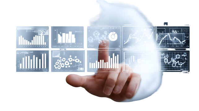 Hand Interacting with Digital Data Visualizations Charts Graphs Business Analytics - Powered by Adobe