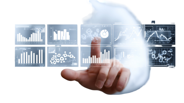 Hand Interacting with Digital Data Visualizations Charts Graphs Business Analytics