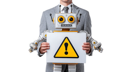Robot and businessman holding warning sign AI risk alert