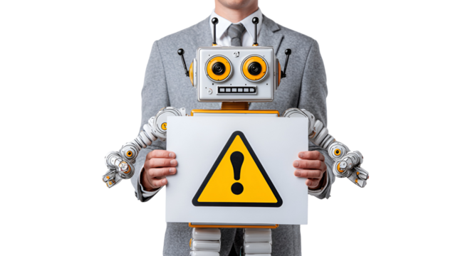 Robot and businessman holding warning sign AI risk alert
