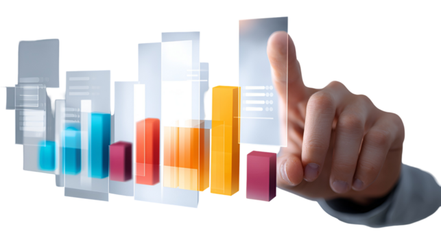 Hand interacting with 3D bar chart data visualization