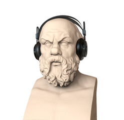 Statue of Socrates, bust of Socrates with wireless headphones. 3D rendering.
