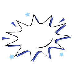 A white starburst speech bubble with a blue outline and small blue stars, perfect for comic book dialogue or graphic design.