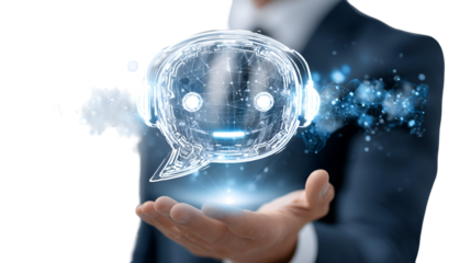 Businessman holding a holographic AI chatbot