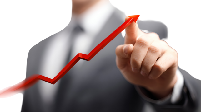 Businessman touching upward red arrow graph showing growth success