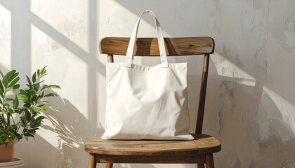 A simple white canvas tote bag rests on a rustic wooden chair, bathed in natural sunlight with shadows on a textured wall, next to a potted plant.