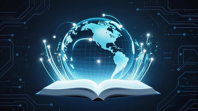 A glowing open book connected to a digital globe, with light trails linking diverse regions, symbolizing universal access to education through technology. The composition is clean and futuristic