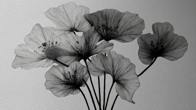 Minimalist fineline drawing of Monstera leaves arranged in a bouquet style with delicate architectural and natural elements, high contrast, clean directional lines, elegant artistic composition
