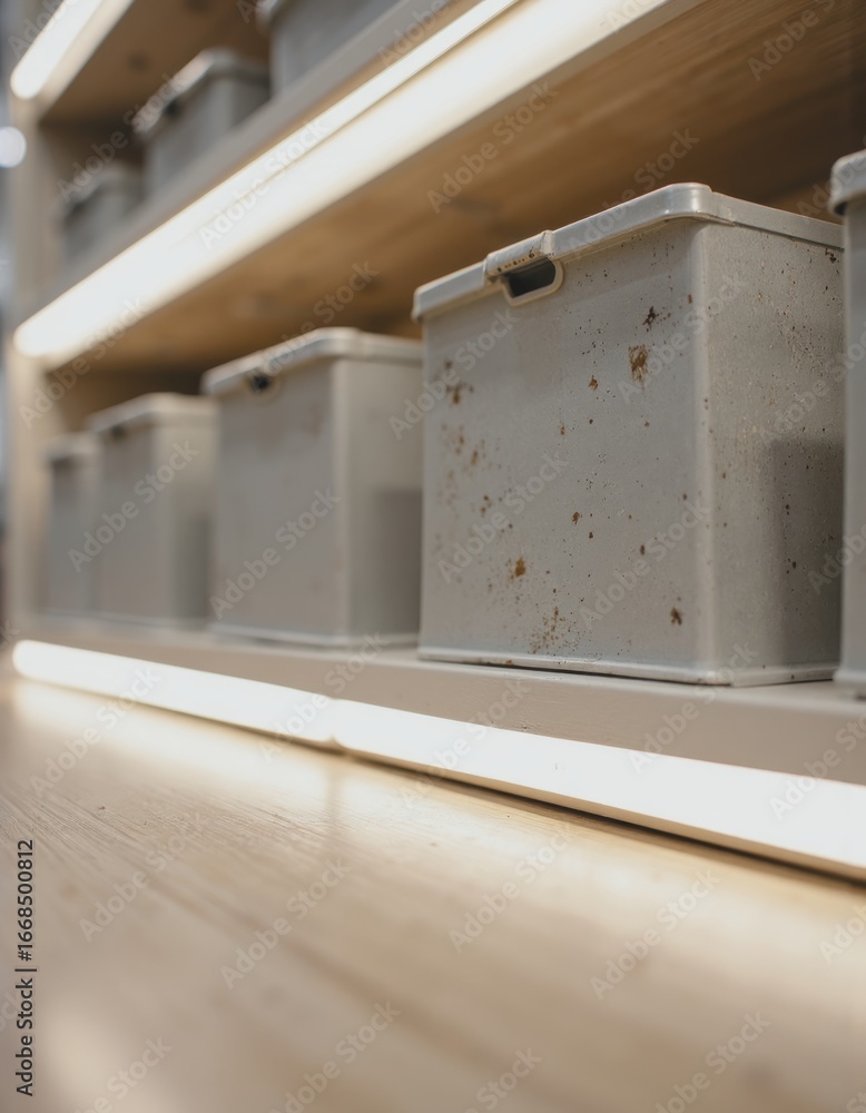 Poster front view of a blank shelf with storage bins and soft lighting