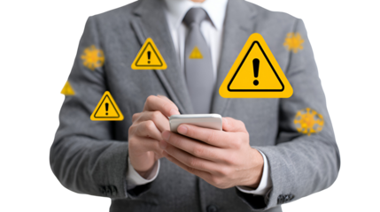 Businessman using phone warning alerts cyber security threat