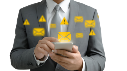 Businessman checking email alerts on smartphone important messages notification