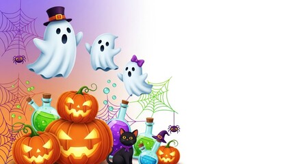 Naklejka premium Spooky Halloween Background Featuring Pumpkins and Ghosts to Create a Haunting Atmosphere for Your Celebrations