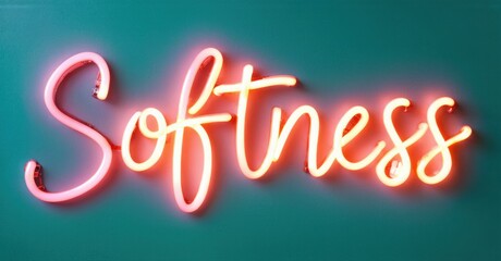 Bright pink neon sign spells Softness against teal wall. Simple typography creates calming visual impact. Modern aesthetic.