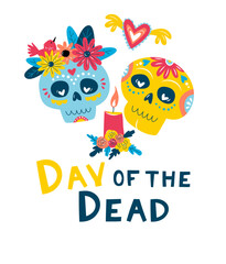 Cute Day of the Dead Skulls with Flowers and Hearts, Dia de los Muertos Illustration