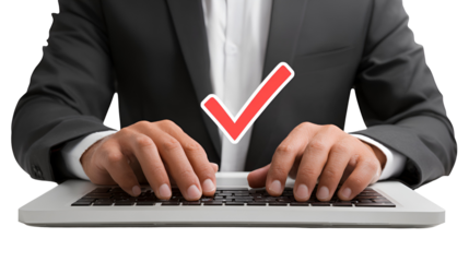 Businessman Typing Approved Laptop Checkmark