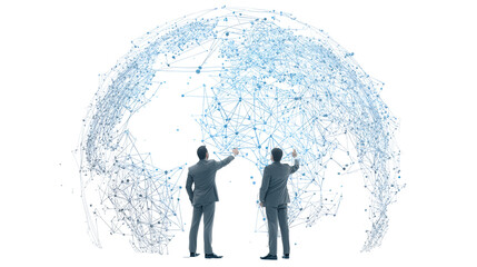 Businessmen interacting with a global network visualization