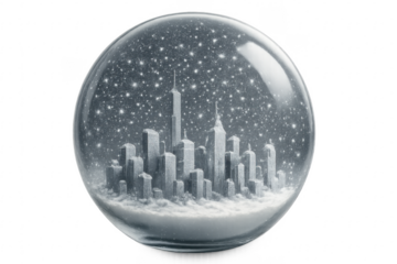New York City skyline in a snow globe with falling snow and transparent background