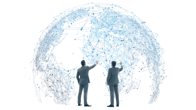 Businessmen interacting with a global network visualization