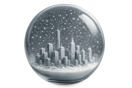 New York City skyline in a snow globe with falling snow and transparent background - Powered by Adobe