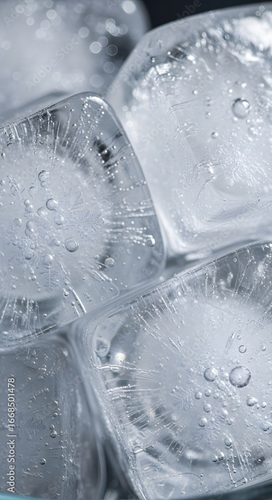 Poster close-up of glistening ice cubes, showcasing intricate patterns of frozen air bubbles and crystal st
