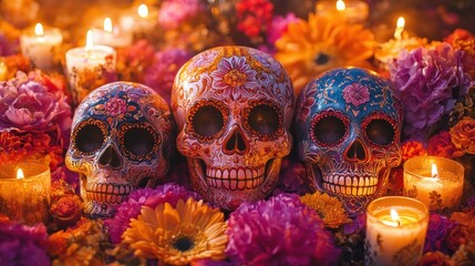 Day of the dead altar with sugar skulls and vibrant flowers