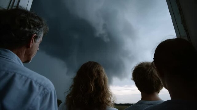 Group watches ominous storm clouds gather, conveying tension and anticipation, potential for dramatic weather changes, symbolic of nature's power and unpredictability