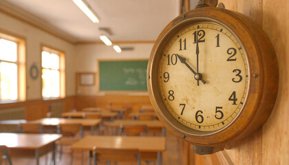 A vintage wooden clock hangs on a wall in a traditional, empty classroom with desks and a blackboard.