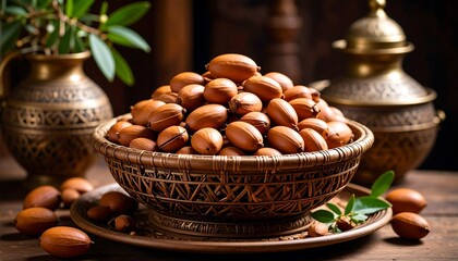 A bowl of argan nuts on a wooden table, surrounded by decorative metalware