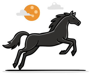 Obraz premium Black horse galloping under the sun with clouds, equine animation, stylized pony vector, silhouette of stallion running