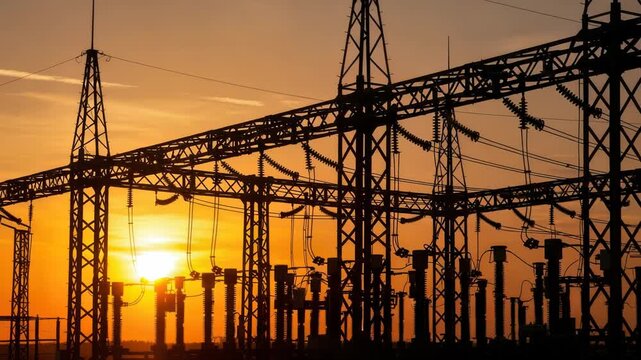 Silhouette of a highvoltage electricity substation against a vibrant sunset sky, showcasing industrial infrastructure and power transmission lines