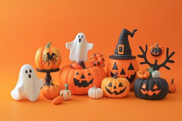 Festive halloween display with pumpkins and ghosts on orange background