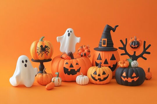 Festive halloween display with pumpkins and ghosts on orange background