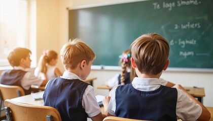 Fototapeta premium Schoolchildren sitting at desks in classroom during lesson 