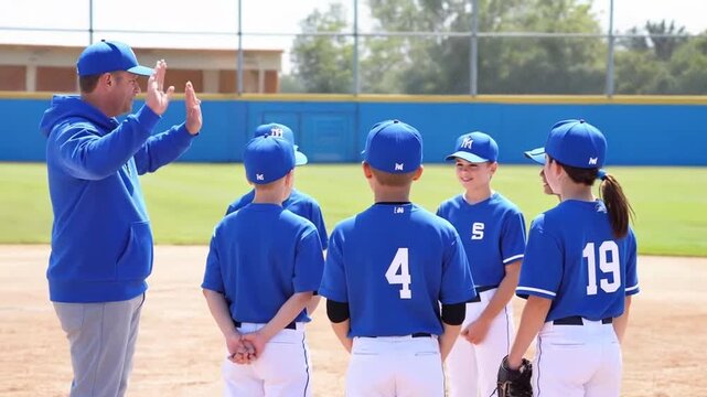 Youth baseball team practices teamwork and strategy under sunny skies in a local field