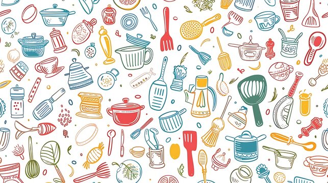 Whimsical Kitchen Utensil Pattern: A Colorful Doodle-Style Illustration for Culinary Enthusiasts and Home Decor