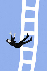 Composite zine image pop trend collage of astonished man employee fall ladder bankruptcy economy...