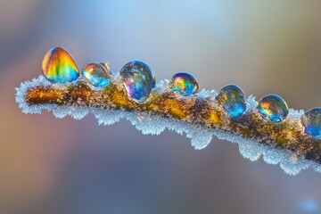 Macro photograph of iridescent water droplets on a frost-covered branch, showcasing vibrant colors and intricate details.